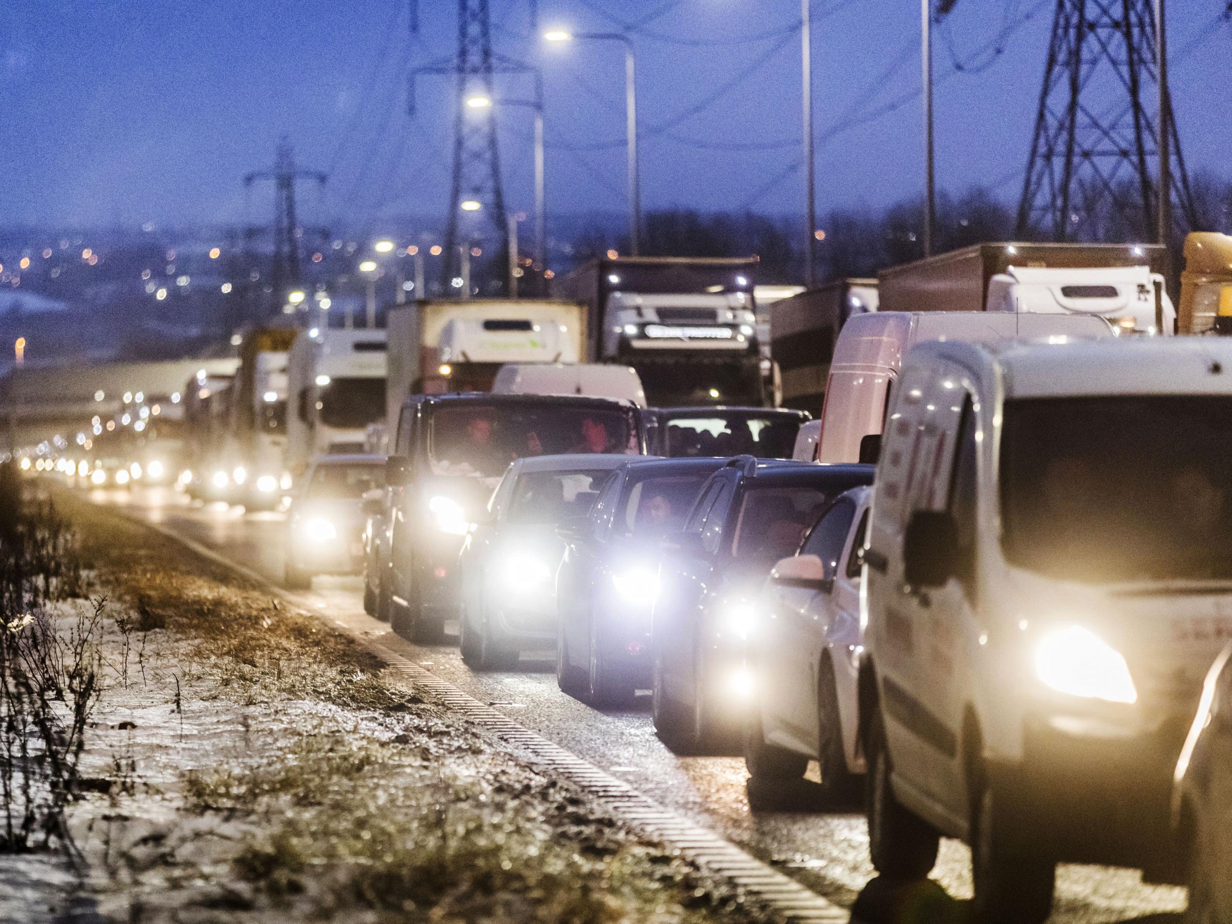 Traffic queueing to leave the M62 as the 'beast from the east' continues to wreak havoc