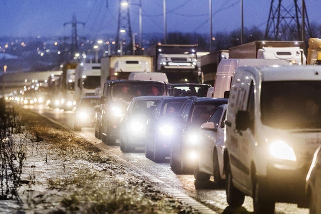 Traffic queueing to leave the M62 as the 'beast from the east' continues to wreak havoc