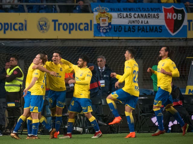 Las Palmas celebrate their controversial goal