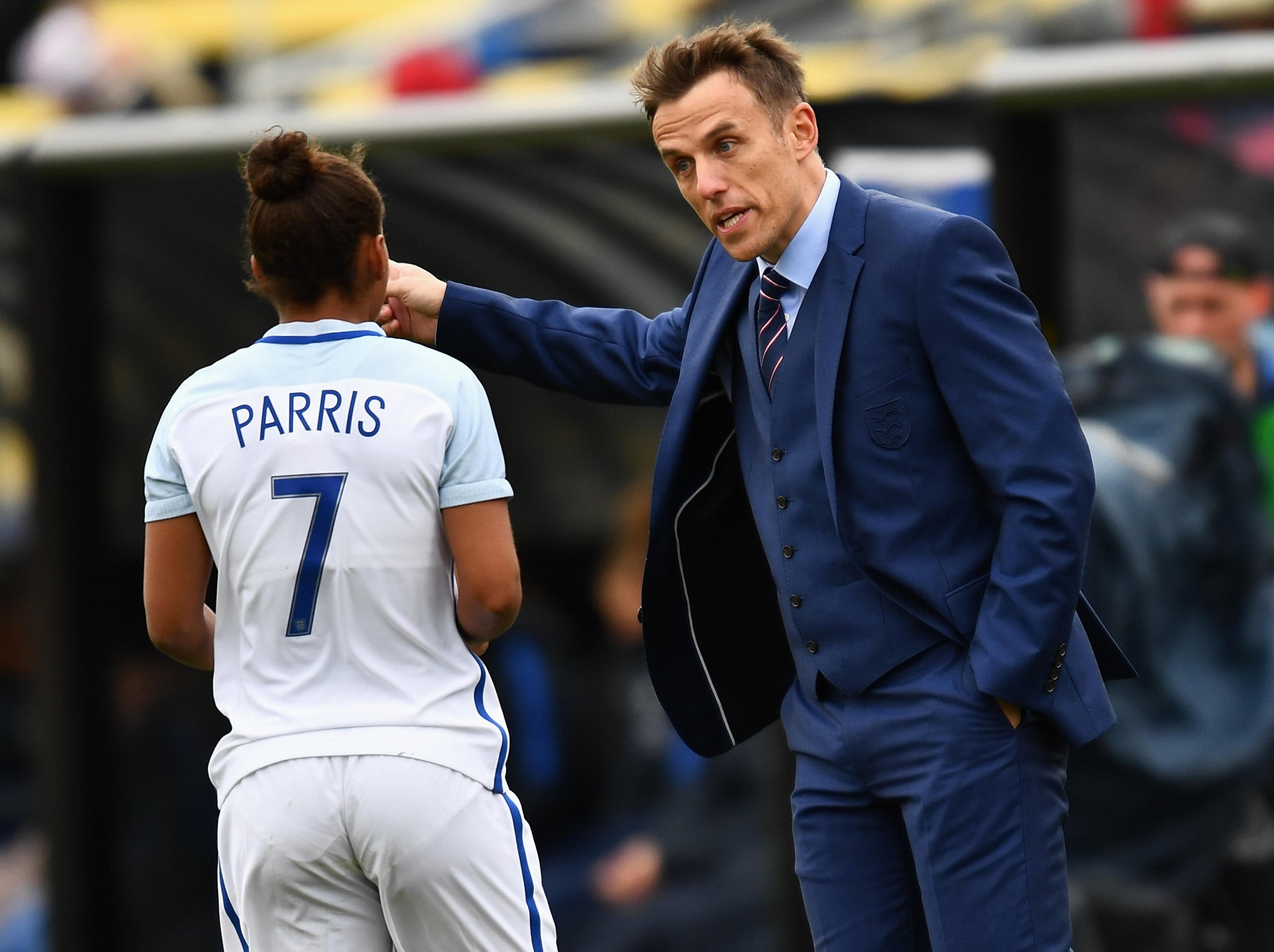 Phil Neville gives some instructions to Nikita Parris