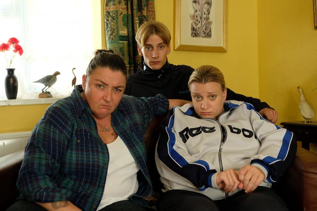 Big Mandy (Ashley McGuire), Lee ‘Kurtan’ Mucklowe (Charlie Cooper) and Kerry Mucklowe (Daisy Cooper) face the future