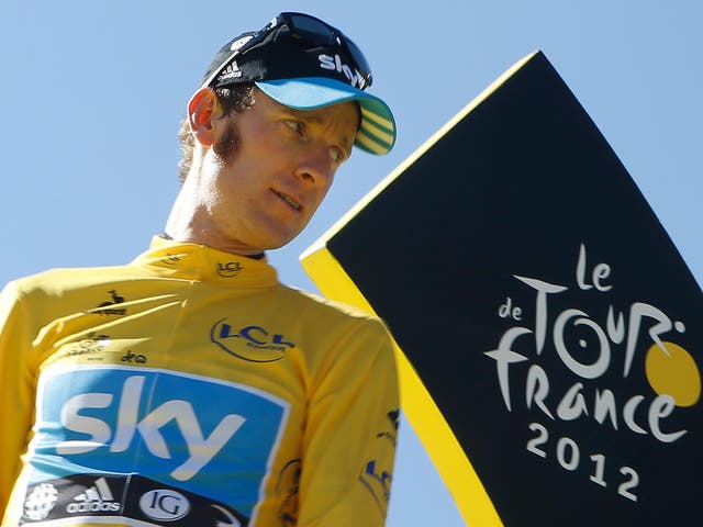 Bradley Wiggins, winner of the 2012 Tour de France cycling race, on the podium in Paris