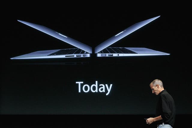 Apple CEO Steve Jobs announces the new MacBook Air as he speaks during an Apple special event at the company's headquarters on October 20, 2010 in Cupertino, California
