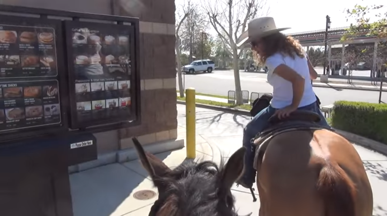 Stacy Westfall successfully rode her horse through a Starbucks drive-thru in California