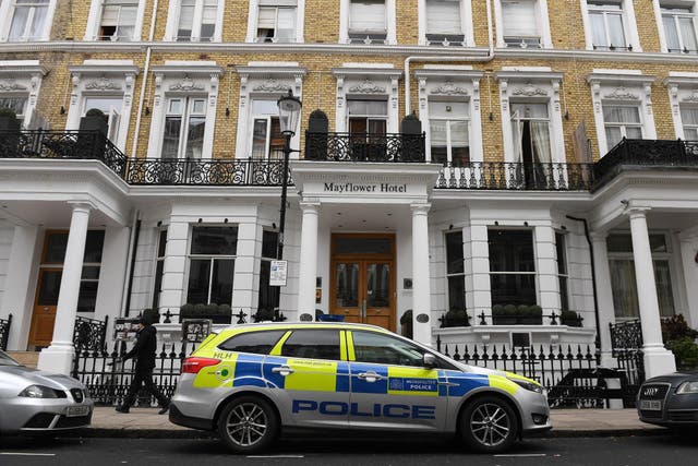 Police stands outside the Mayflower Hotel in Kensington, London, Britain, 06 March 2018. A Spanish national has died from carbon monoxide poisoning while another is in critical condition after staying at Mayflower hotel in Kensington.