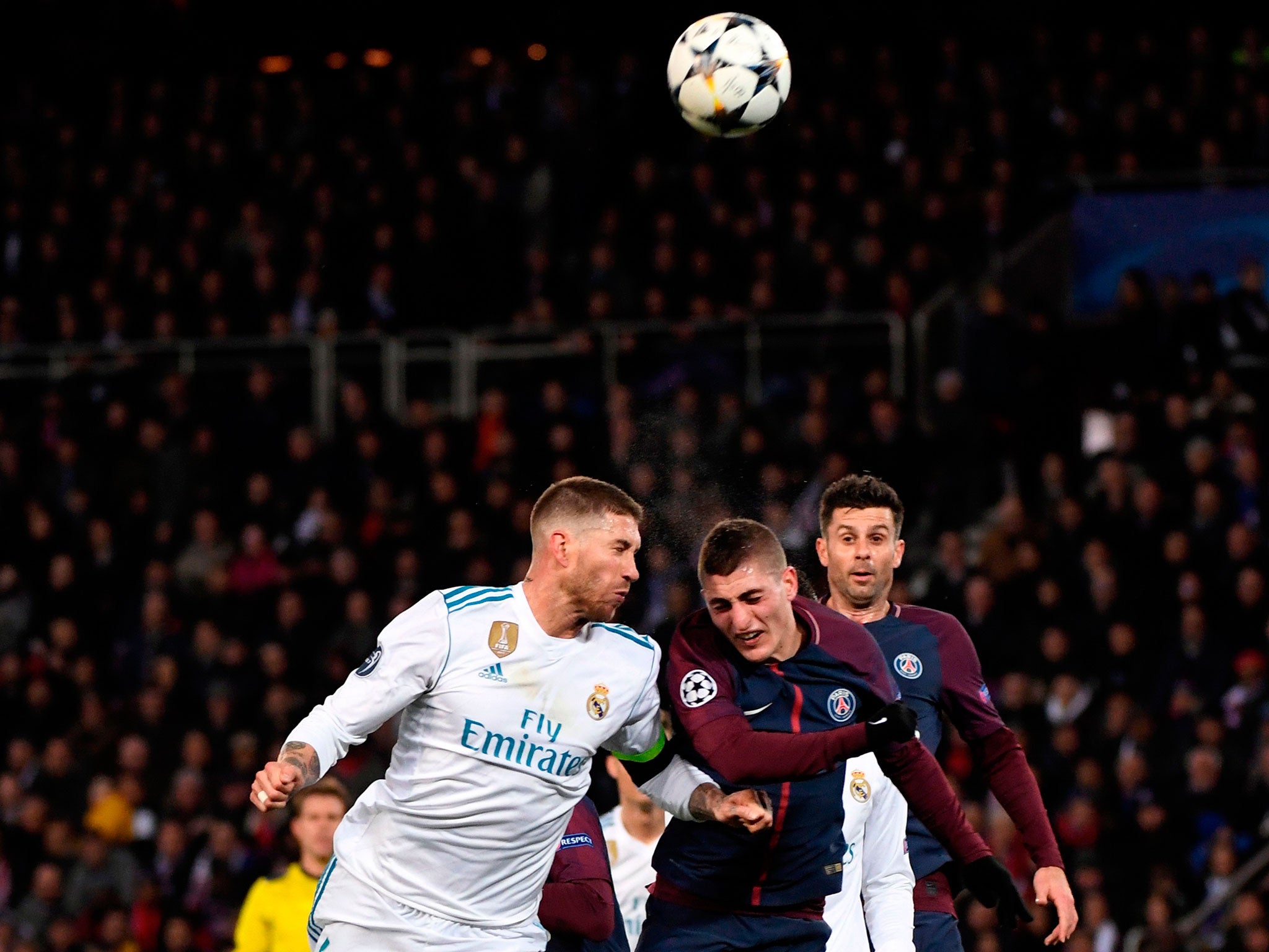 Sergio Ramos with a headed chance for Madrid