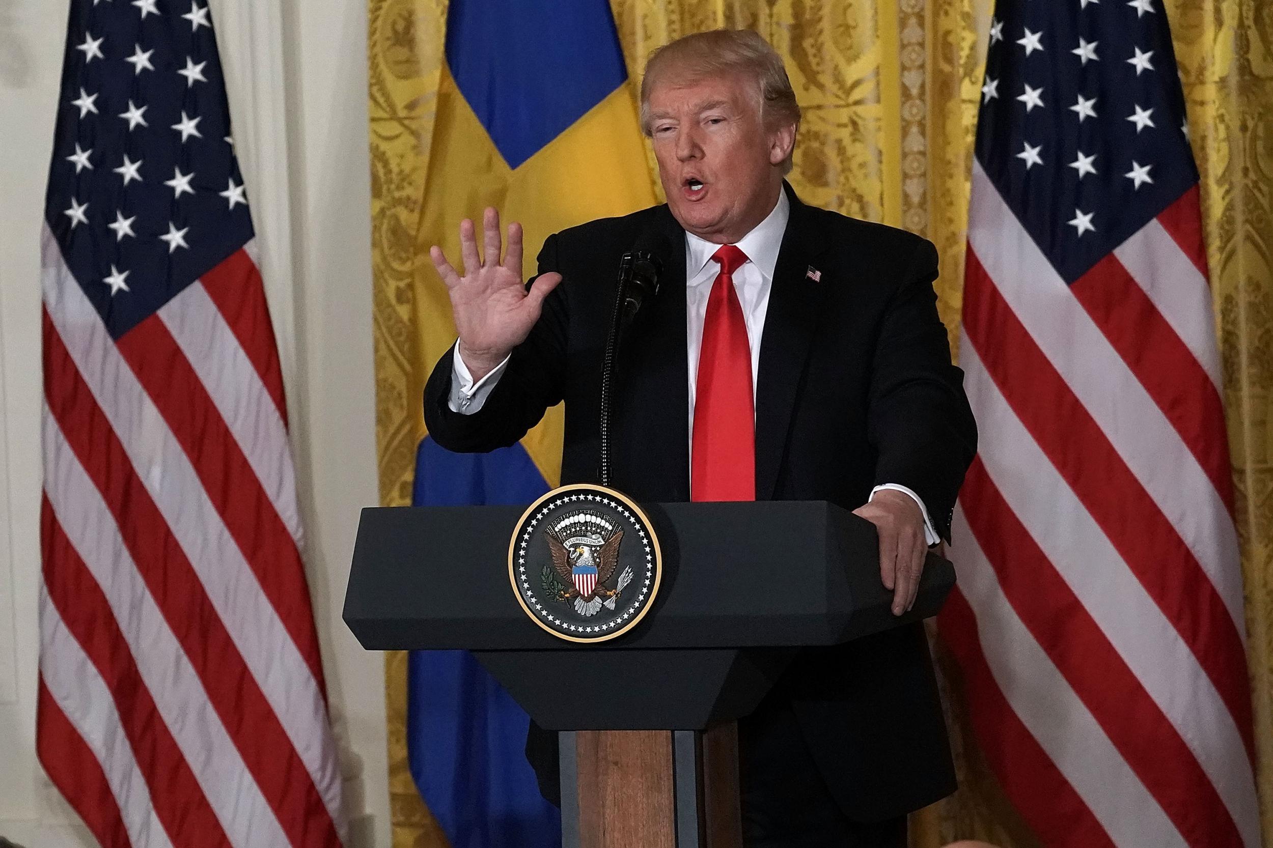 President Donald Trump speaks during a joint news conference with Swedish Prime Minister Stefan Lofven