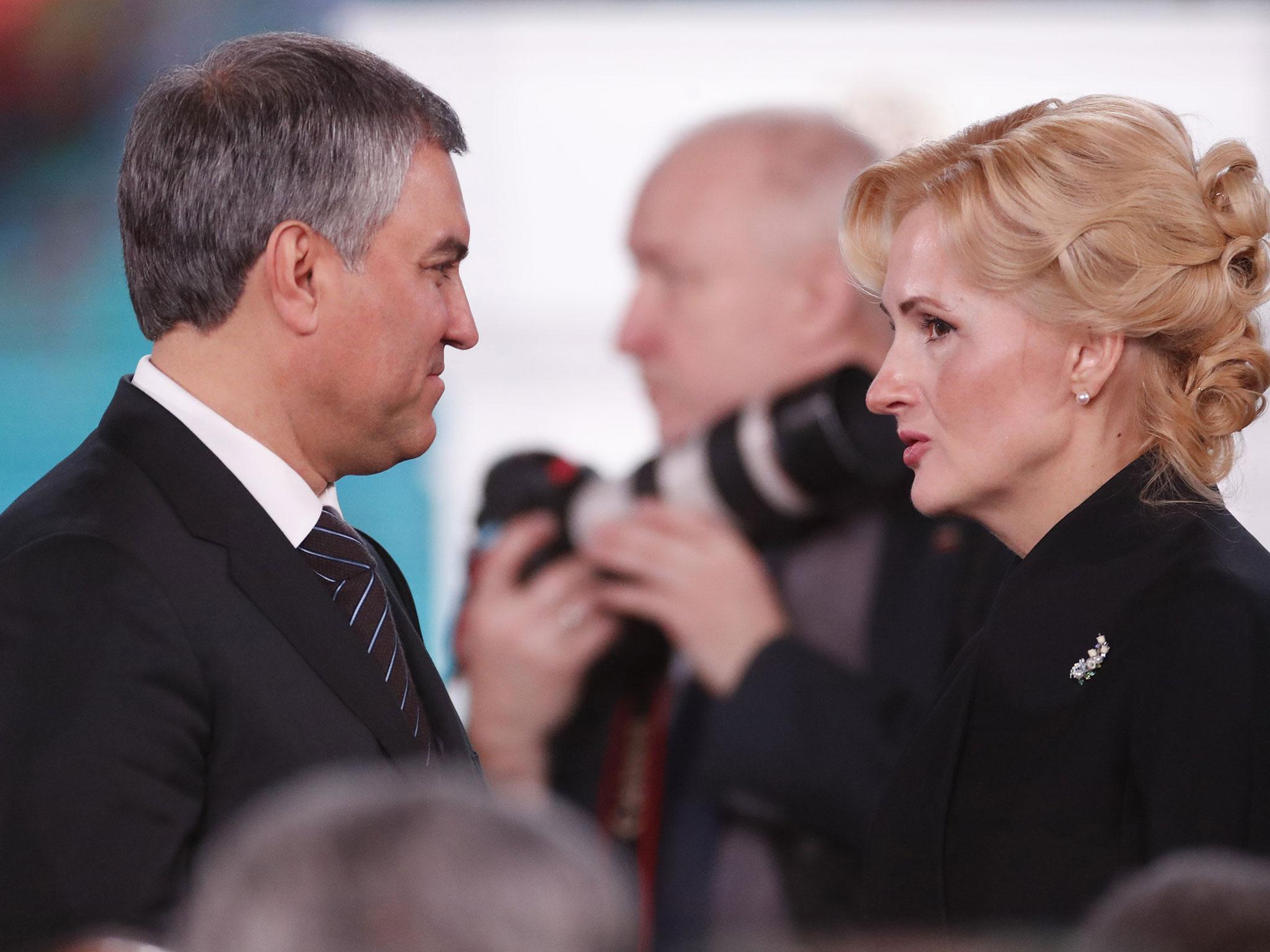 State Duma speaker Viacheslav Volodin talks to deputy Irina Yarovaya ahead of Vladimir Putin’s state of the nation address in Moscow