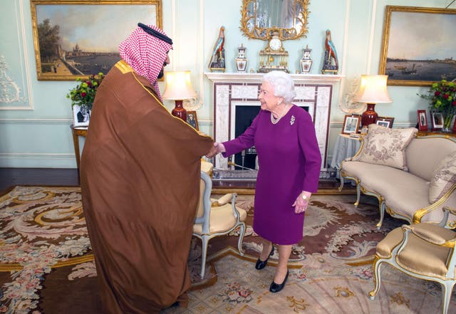 Queen Elizabeth II greets Mohammad bin Salman, the Crown Prince of Saudi Arabia, who arrived in the UK earlier today