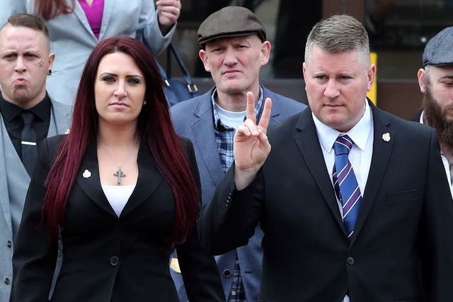 Far-right group Britain First leader Paul Golding (front right), and deputy leader Jayda Fransen at Folkestone Magistrates' Court on 7 March