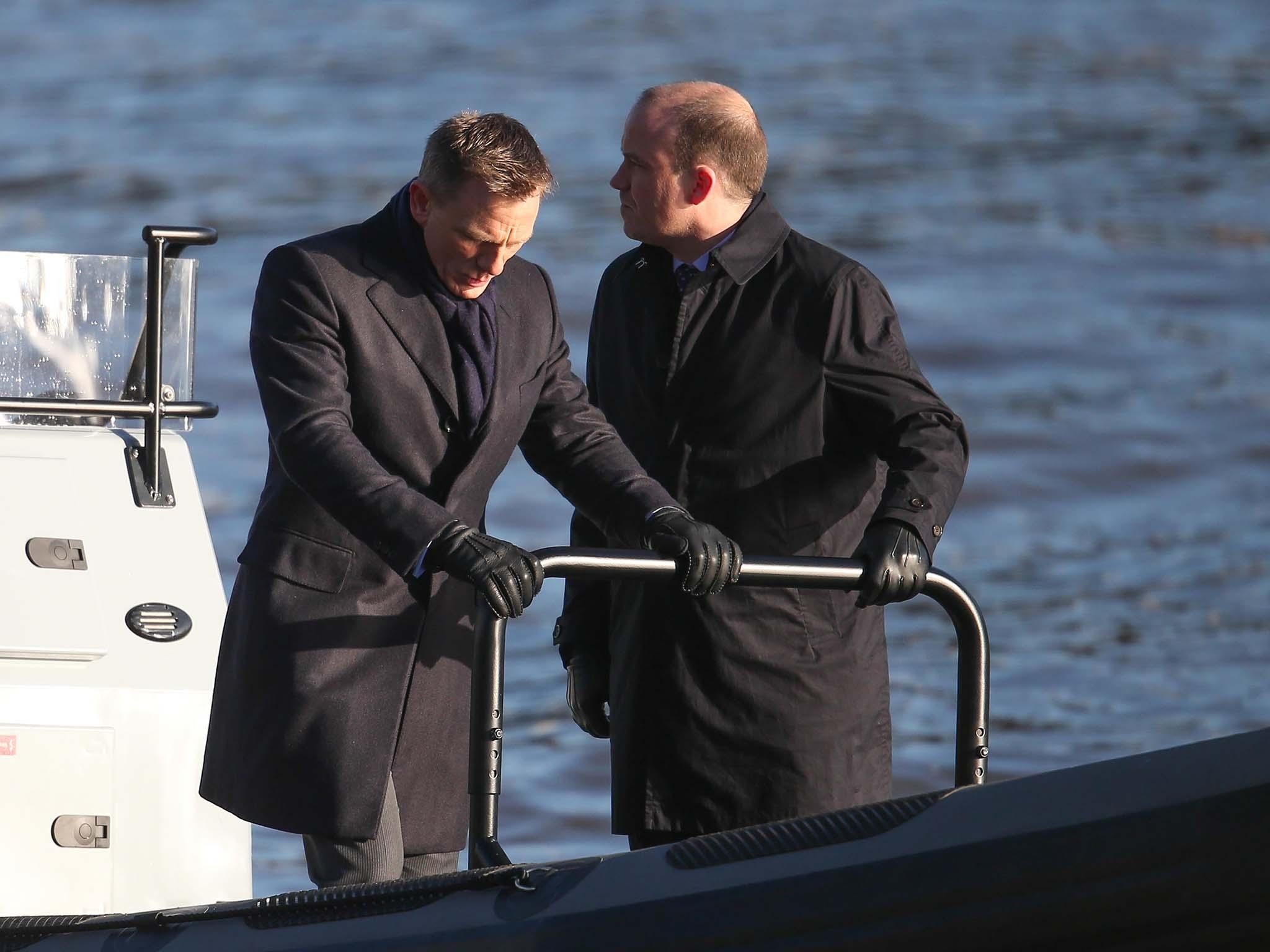 Daniel Craig as James Bond and Kinnear as Bill Tanner film a scene for the Bond movie ‘Spectre’ in 2014