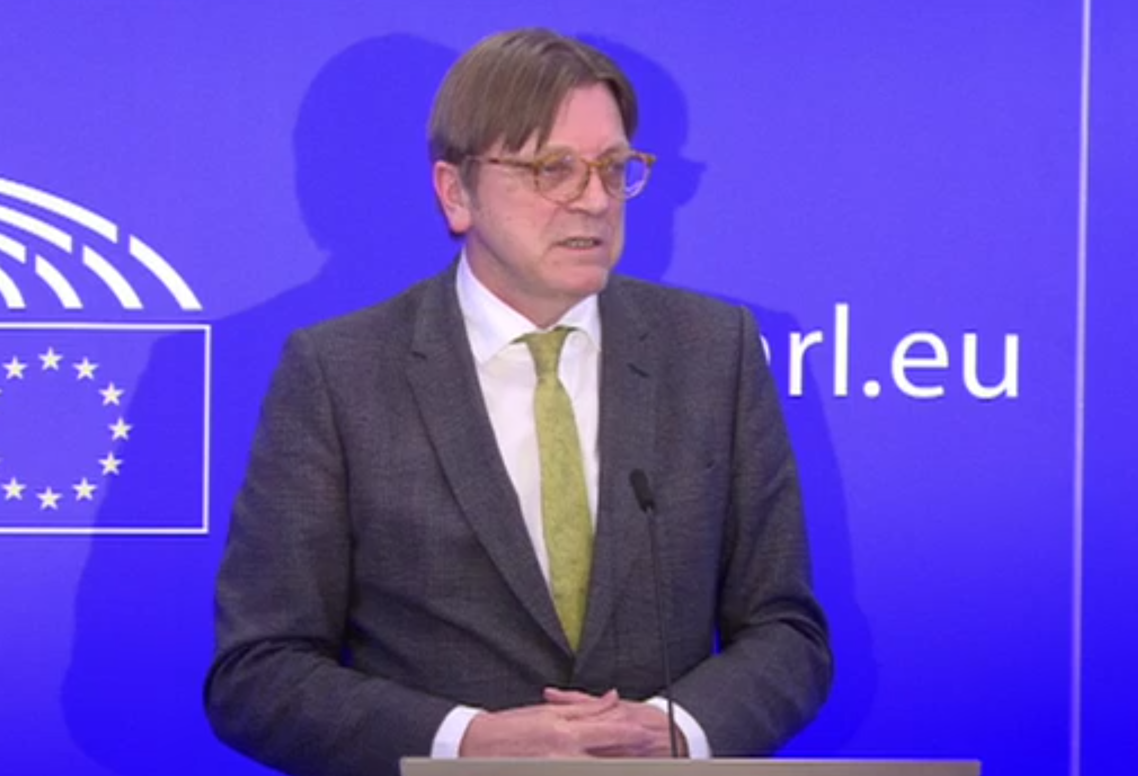 European Parliament Brexit coordinator Guy Verhofstadt speaking in Brussels