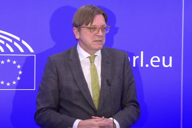 European Parliament Brexit coordinator Guy Verhofstadt speaking in Brussels