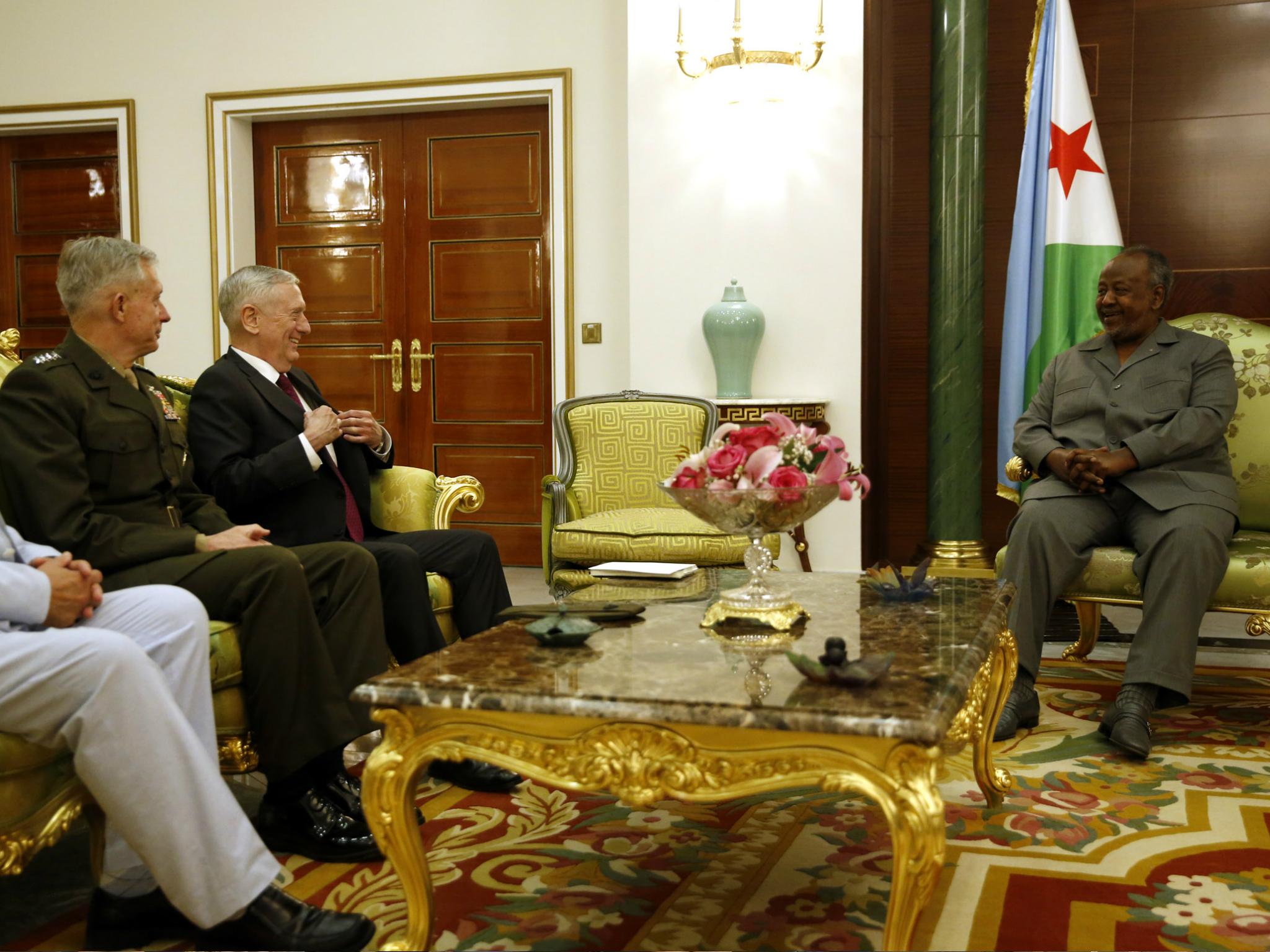 Djibouti's President Ismail Omar Guelleh welcomed US Defence Secretary James Mattis and U.S. Marine Corps General Thomas Waldhauser at the Presidential Palace on 23 April 2017 in Djibouti.