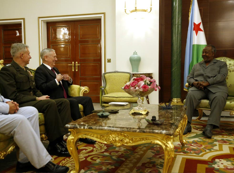 Djibouti's President Ismail Omar Guelleh welcomed US Defence Secretary James Mattis and U.S. Marine Corps General Thomas Waldhauser at the Presidential Palace on 23 April 2017 in Djibouti.