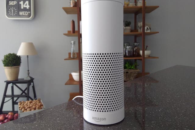 The Amazon Echo, a voice-controlled virtual assistant, is seen at its product launch for Britain and Germany in London, Britain