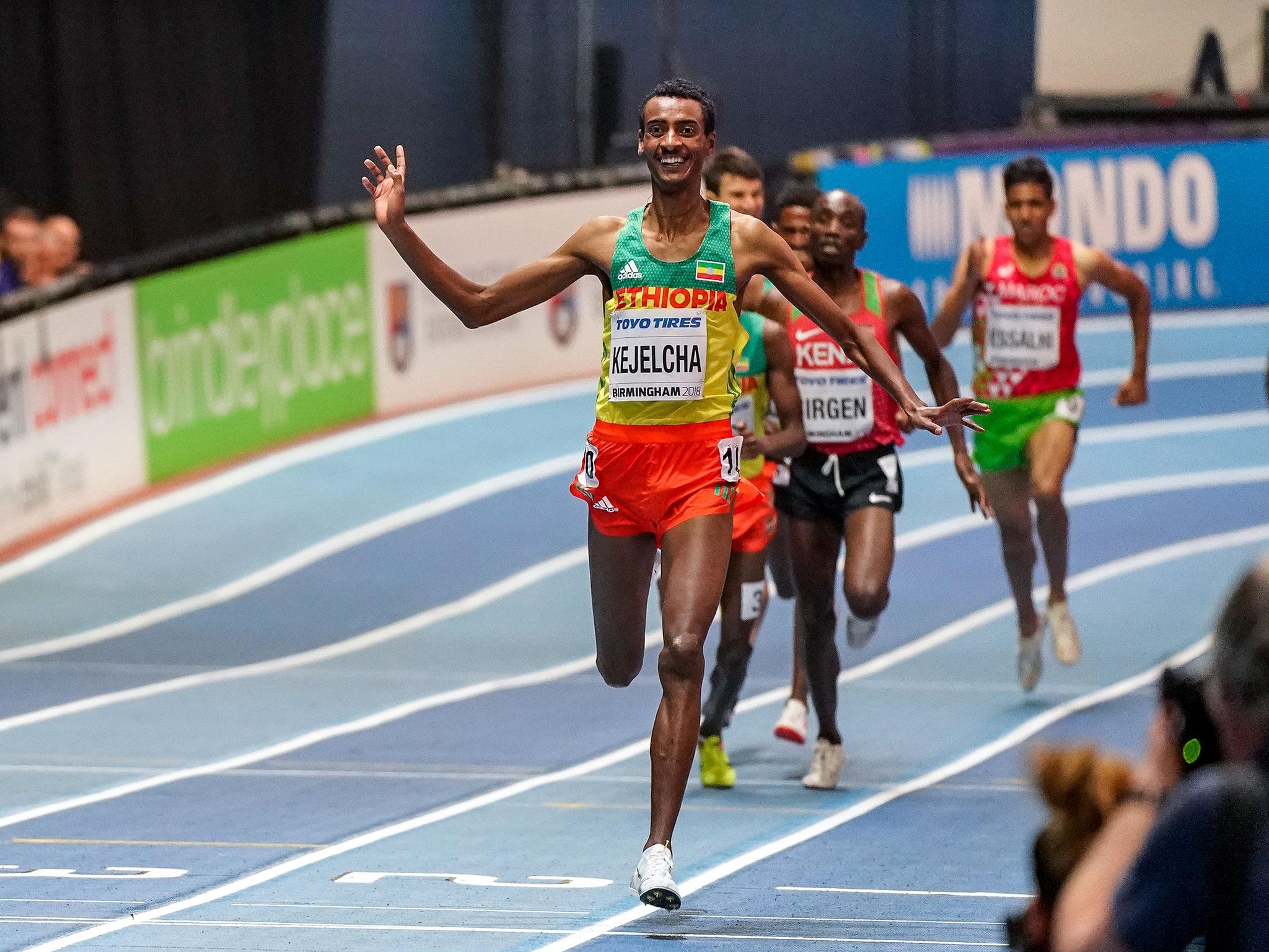 Yomif Kejelcha claimed victory in the men’s 3,000m at the Indoor Championships