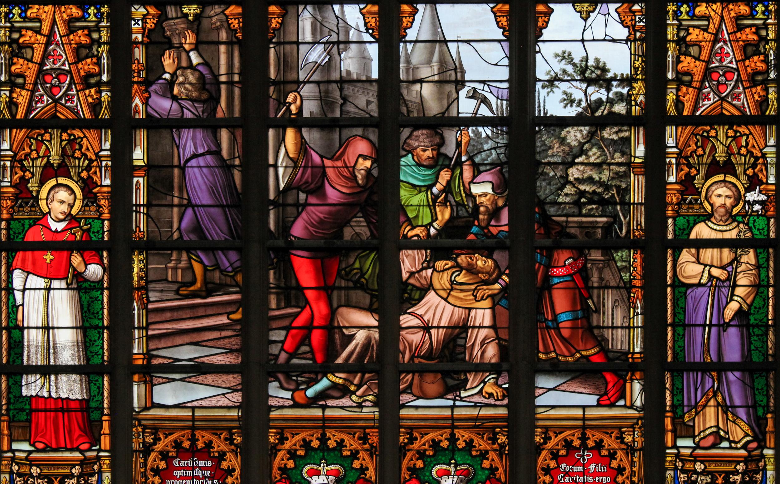 Stained glass depicting the legend of Jews stealing sacramental bread, in the Cathedral of Brussels