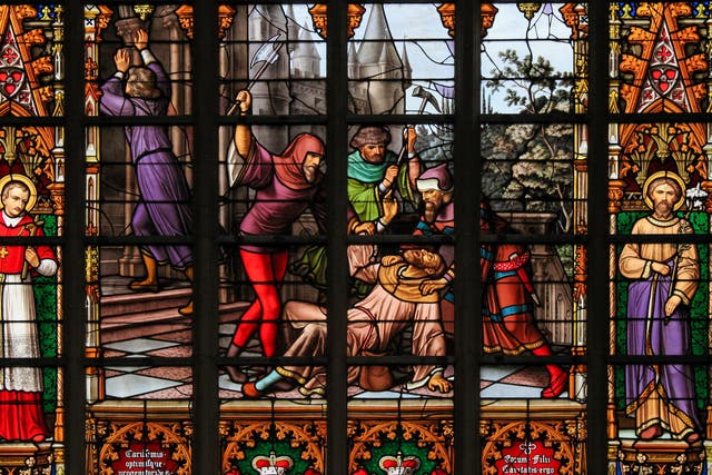 Stained glass depicting the legend of Jews stealing sacramental bread, in the Cathedral of Brussels