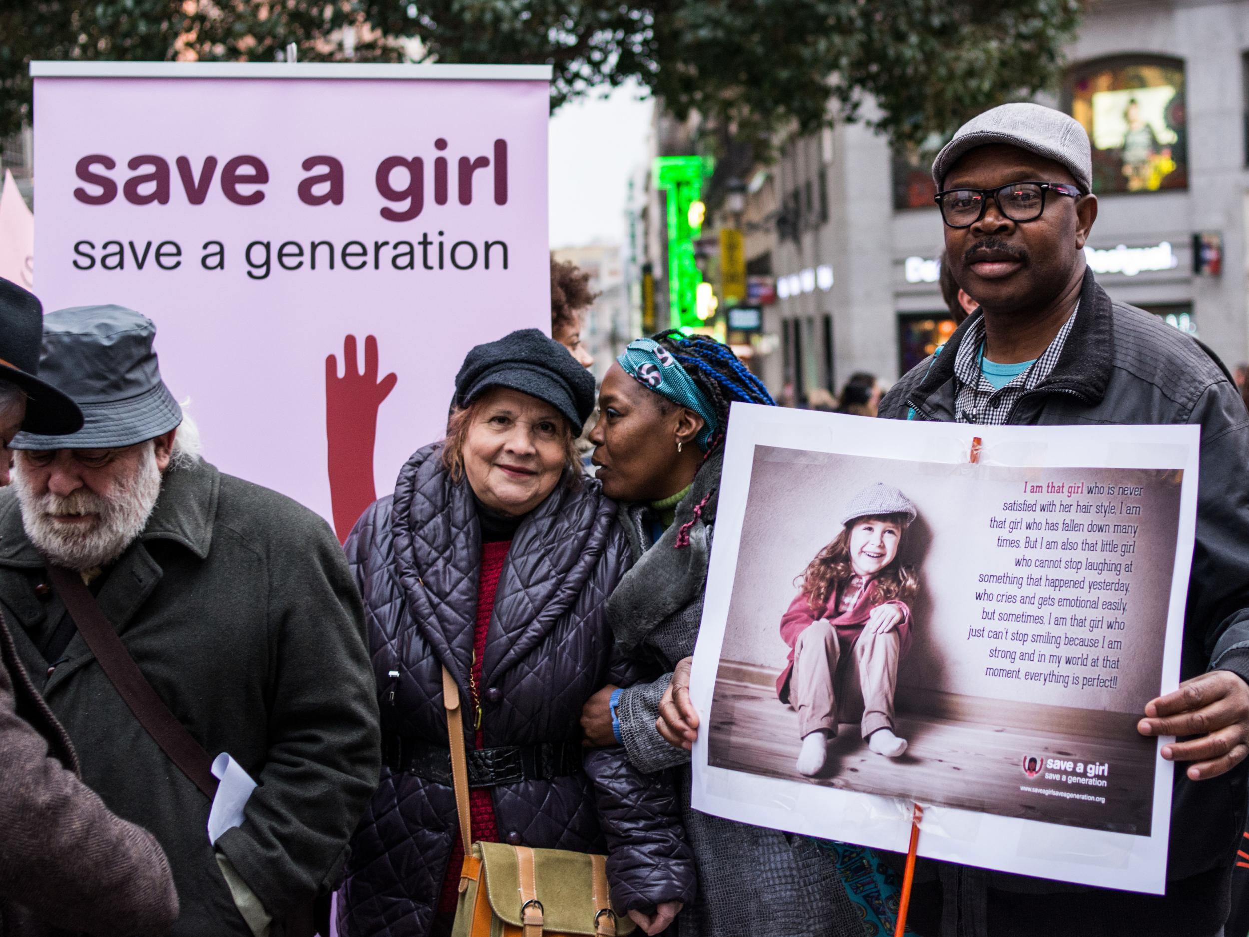 People protesting during the International Day Against Female Genital Mutilation in Madrid, Spain