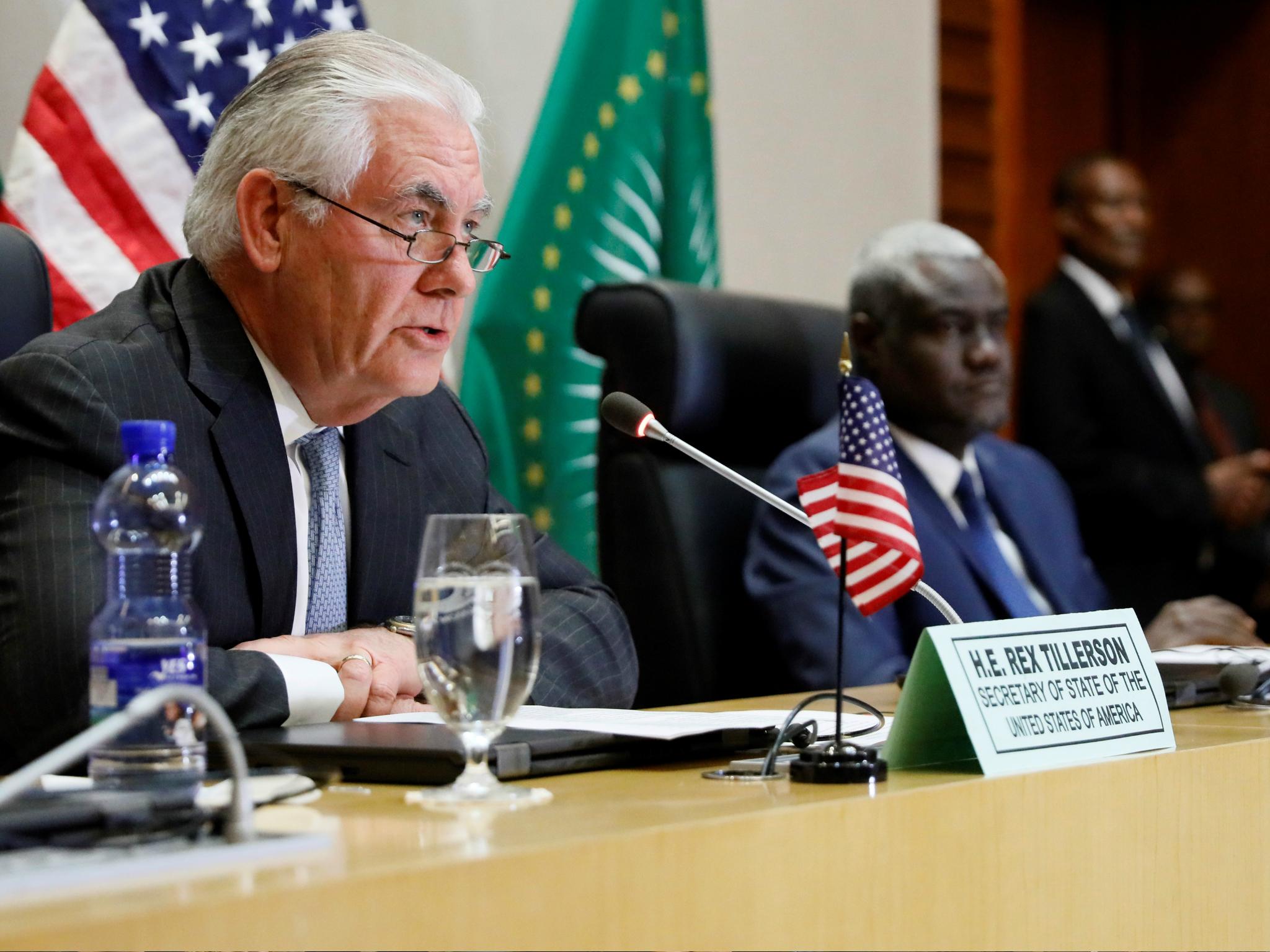 US Secretary of State Rex Tillerson participated in a news conference with African Union Commission Chairman Moussa Faki on 8 March 2018 in Addis Ababa.