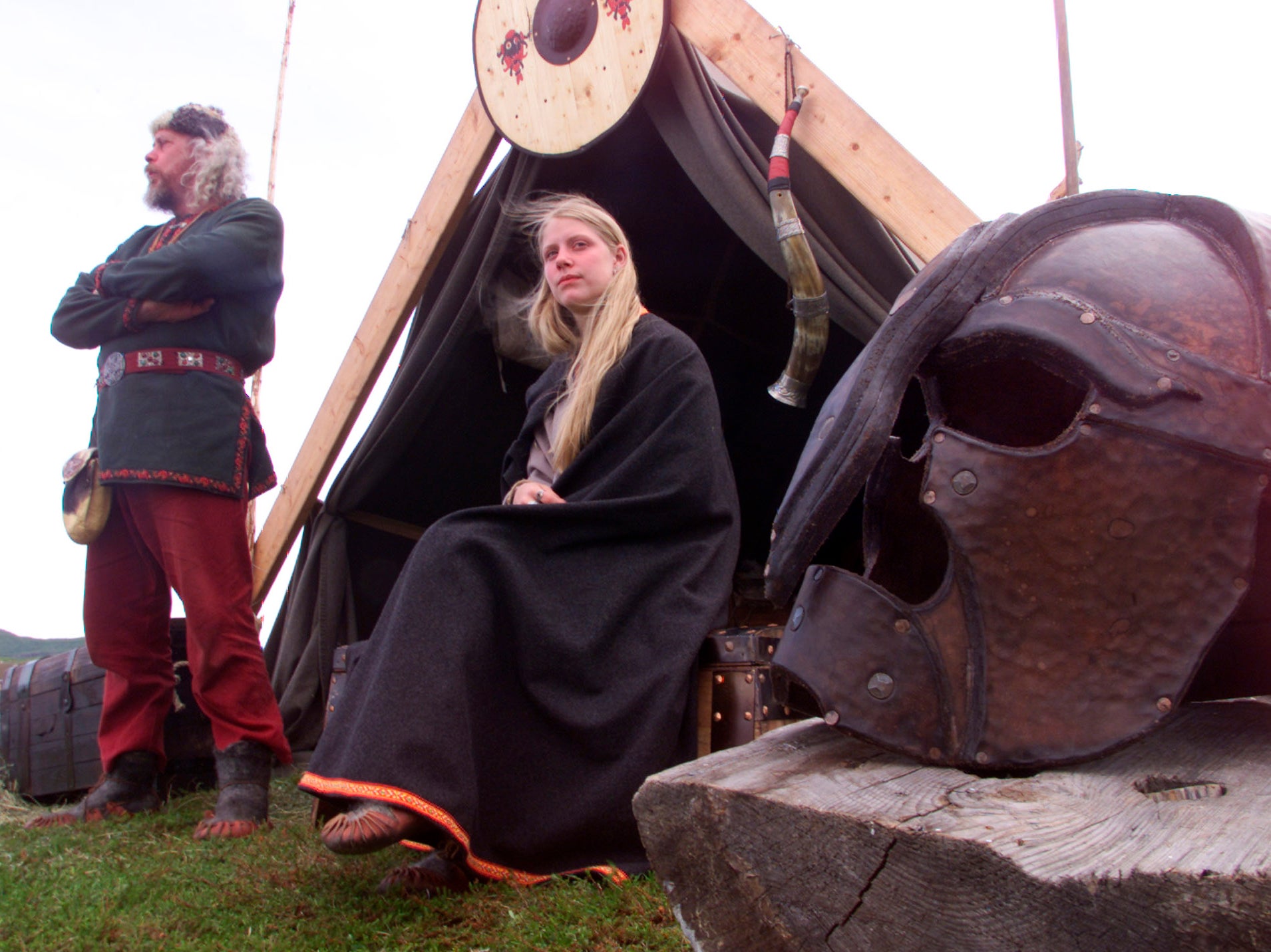 A father and daughter dressed as Vikings in L'Anse aux Meadows in Newfoundland, already known as an early European settlement