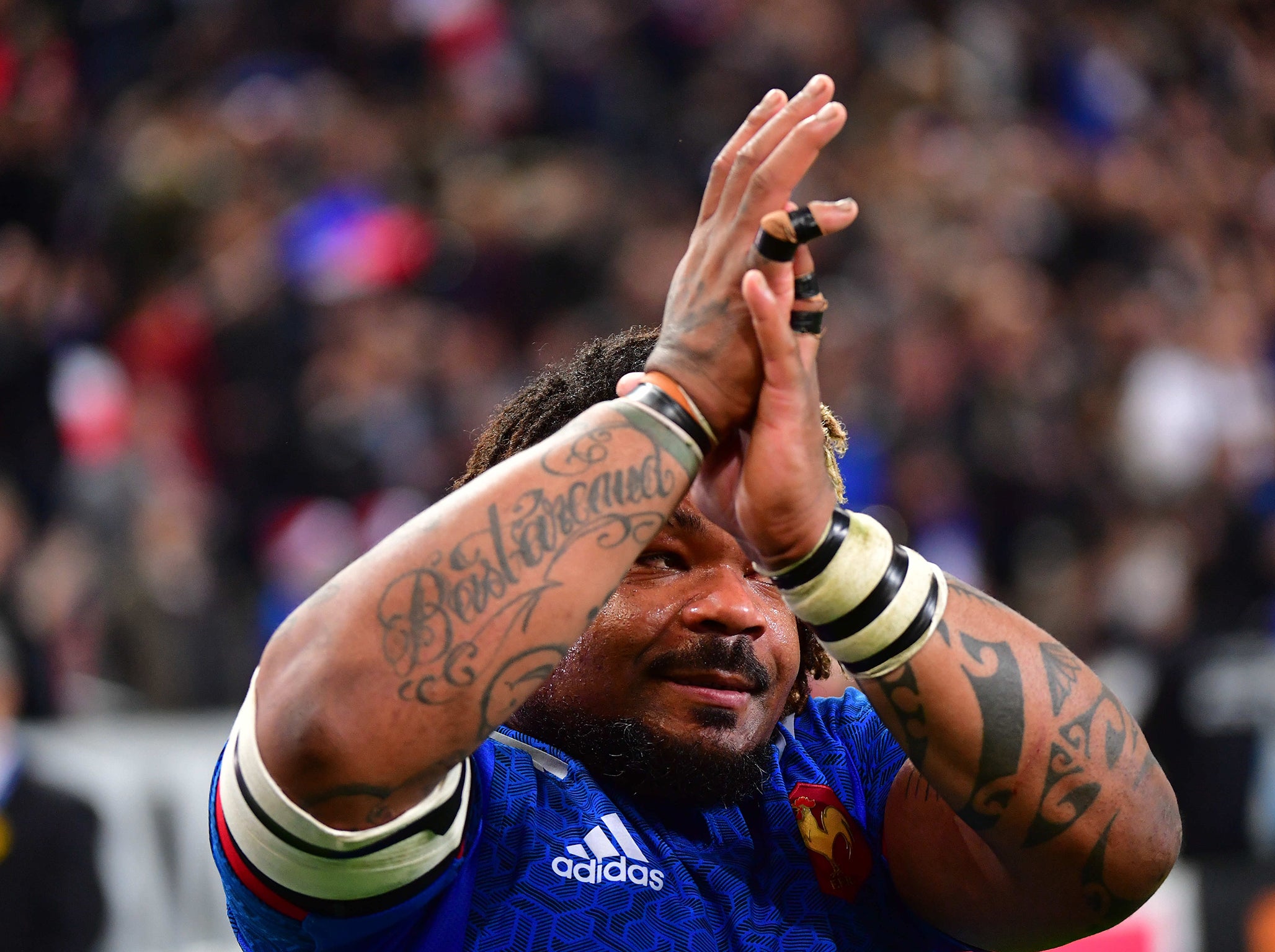 Mathieu Bastareaud of France celebrates