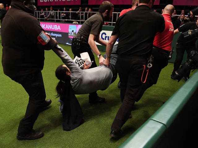 A protester is carried off after running into the Crufts arena