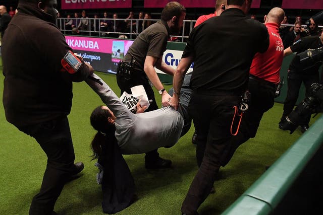 A protester is carried off after running into the Crufts arena