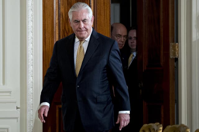 Secretary of State Rex Tillerson arrives to a news conference with U.S. President Donald Trump and Swedish Prime Minister Stefan Lofven