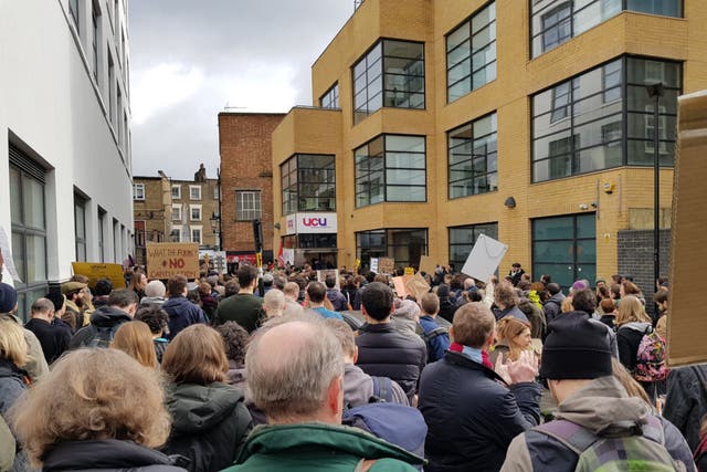 University strikers gather at the union's headquarters in London as talks get under way