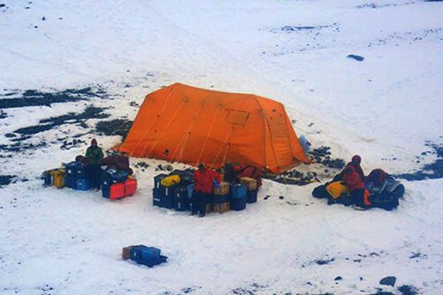 Picture taken by the Argentine Navy shows stranded American scientists on Joinville Island in Antarctica, south of the Argentine mainland.