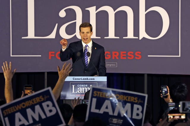 Conor Lamb, the Democratic candidate for Pennsylvania's 18th Congressional District celebrates with his supporters