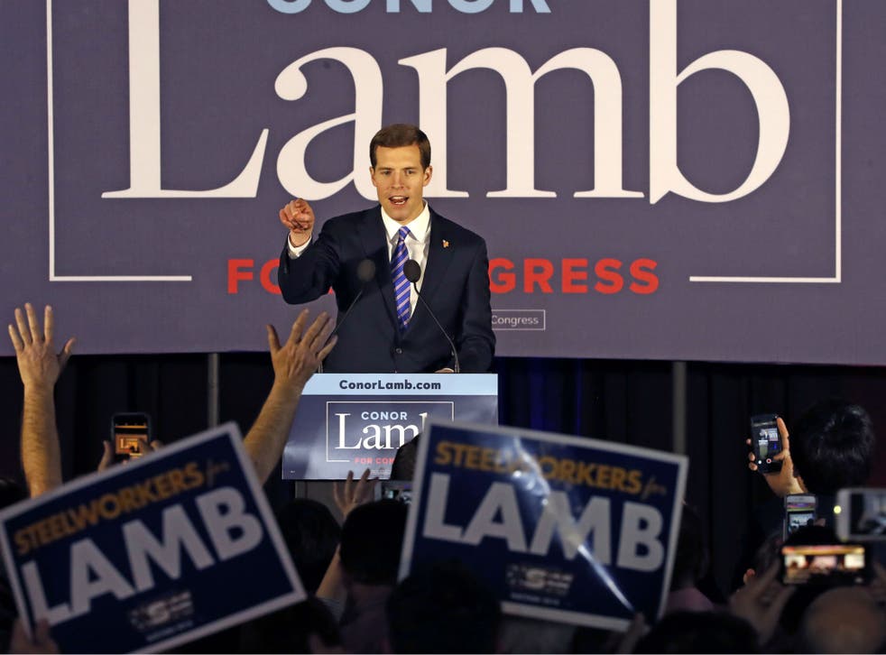 Conor Lamb, the Democratic candidate for Pennsylvania's 18th Congressional District celebrates with his supporters