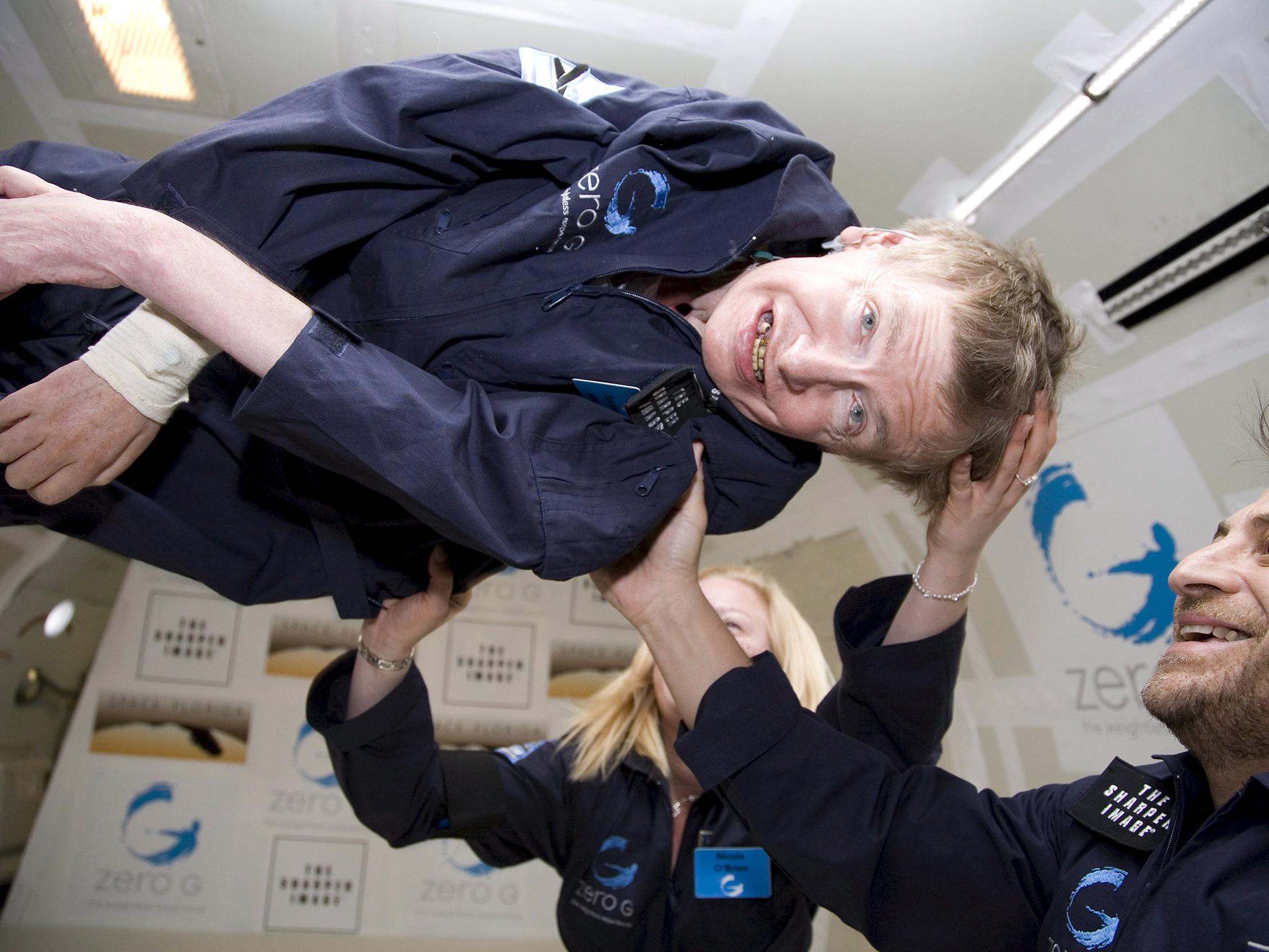 Stephen Hawking floating in a weightless environment on an aeroplane in 2007