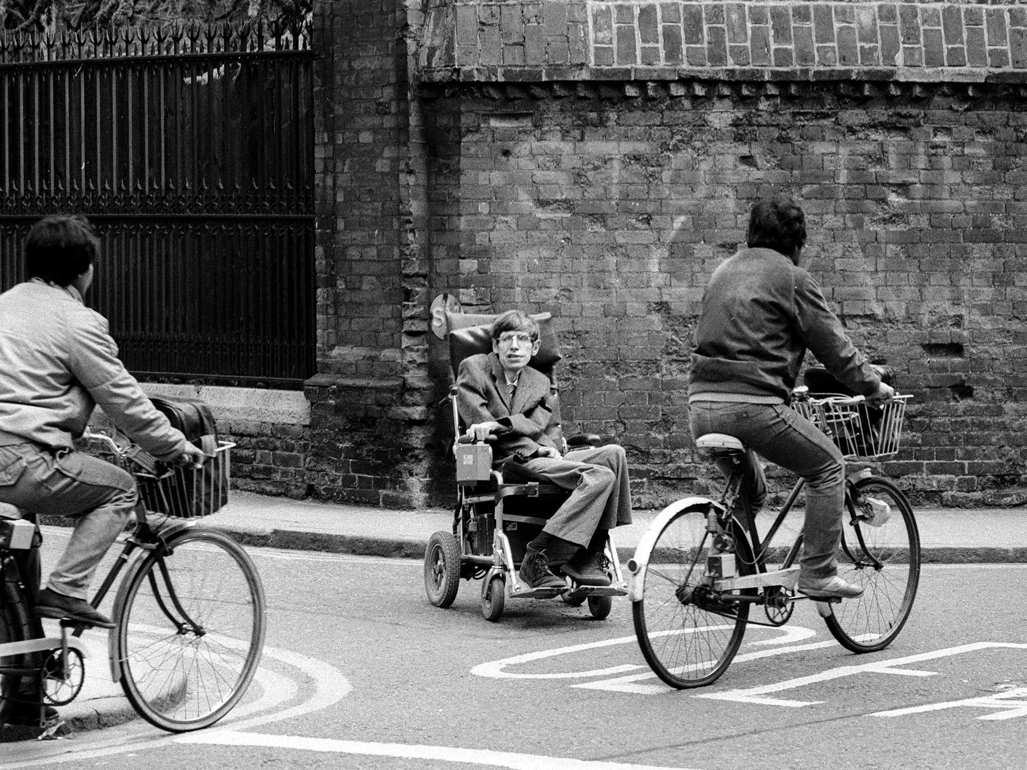 Hawking on his way to university from his residence in Cambridge