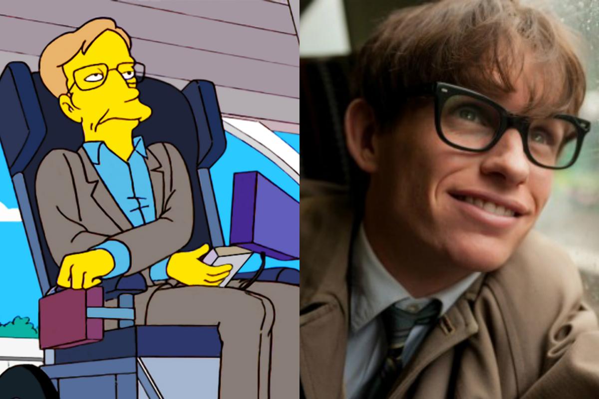 Left, Hawking voiced himself in an episode of The Simpsons. Right, actor Eddie Redmayne played the physicist in the film The Theory of Everything
