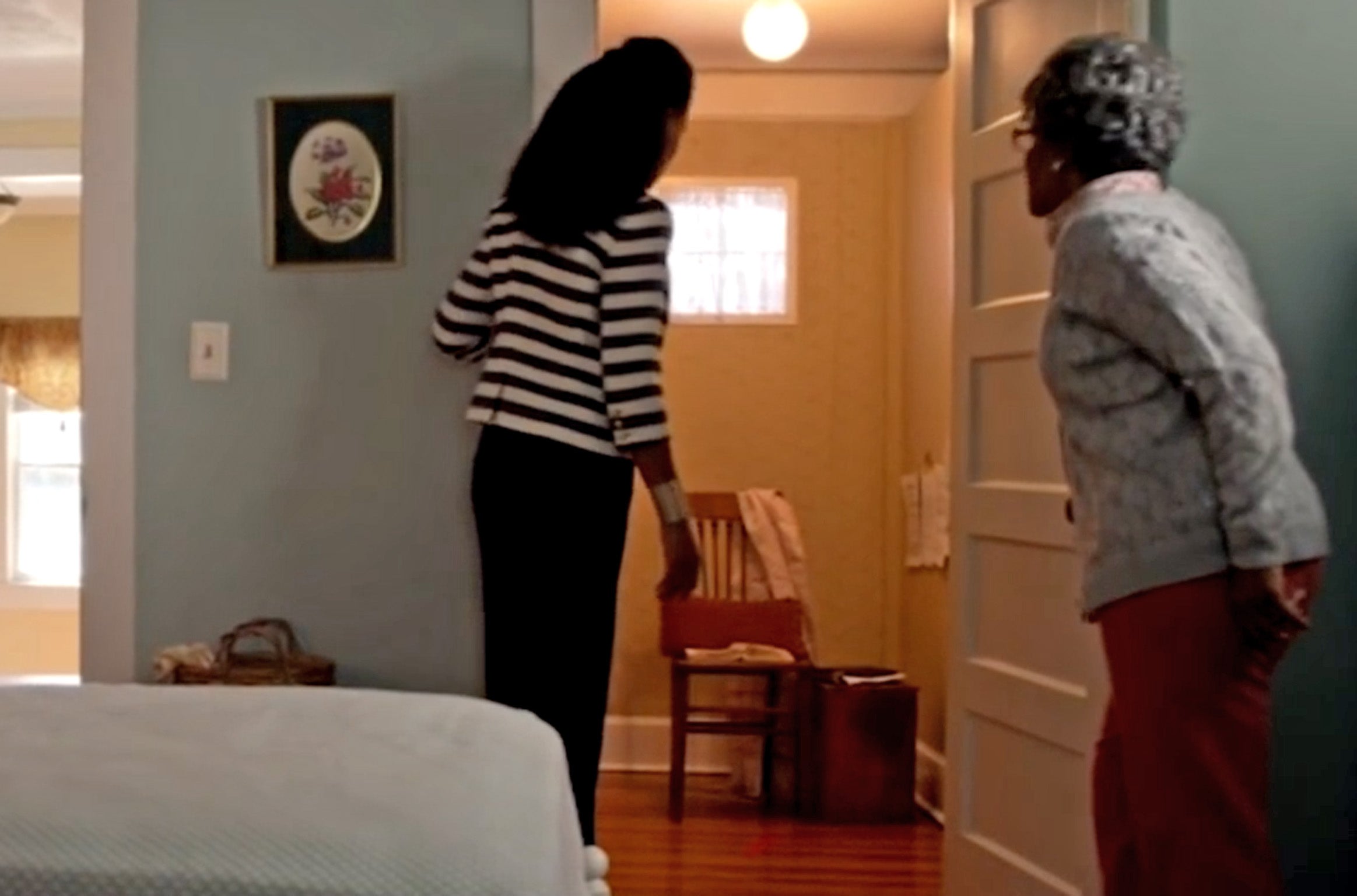 Karen Abercrombie as Miss Clara shows Elizabeth Jordan, played by Priscilla Shirer, her closet that she has dedicated to praying in ‘War Room’ (2015) – a film which topped the US box office in 2015, making $73 million from a $3 million budget.