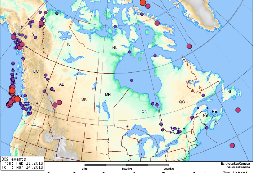 Danger Zone? Map of earthquakes in around Canada in Feb/March 2018