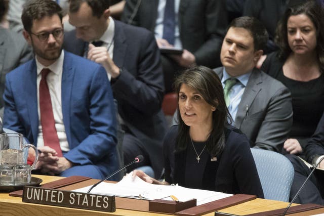 US Ambassador to the UN, Nikki Haley, speaks during a Security Council meeting on the situation between Britain and Russia