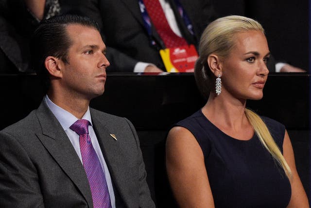 Donald Trump Jr. along with his wife Vanessa Trump, attend the evening session on the fourth day of the Republican National Convention