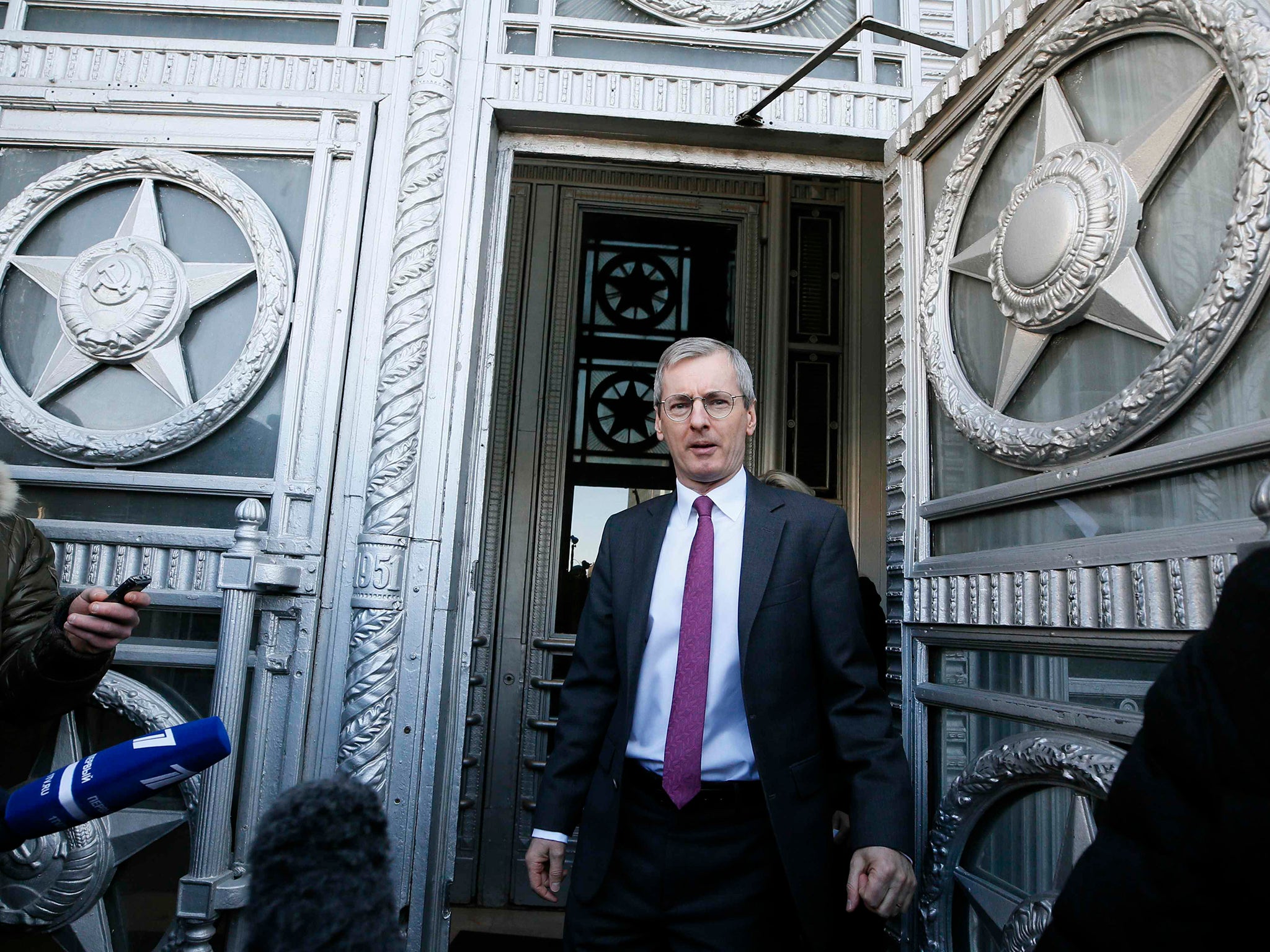 British Ambassador to Russia Laurie Bristow leaves the Russian Foreign Ministry in Moscow this morning