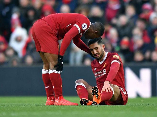 Emre Can was forced off with a back injury in the first half at Anfield