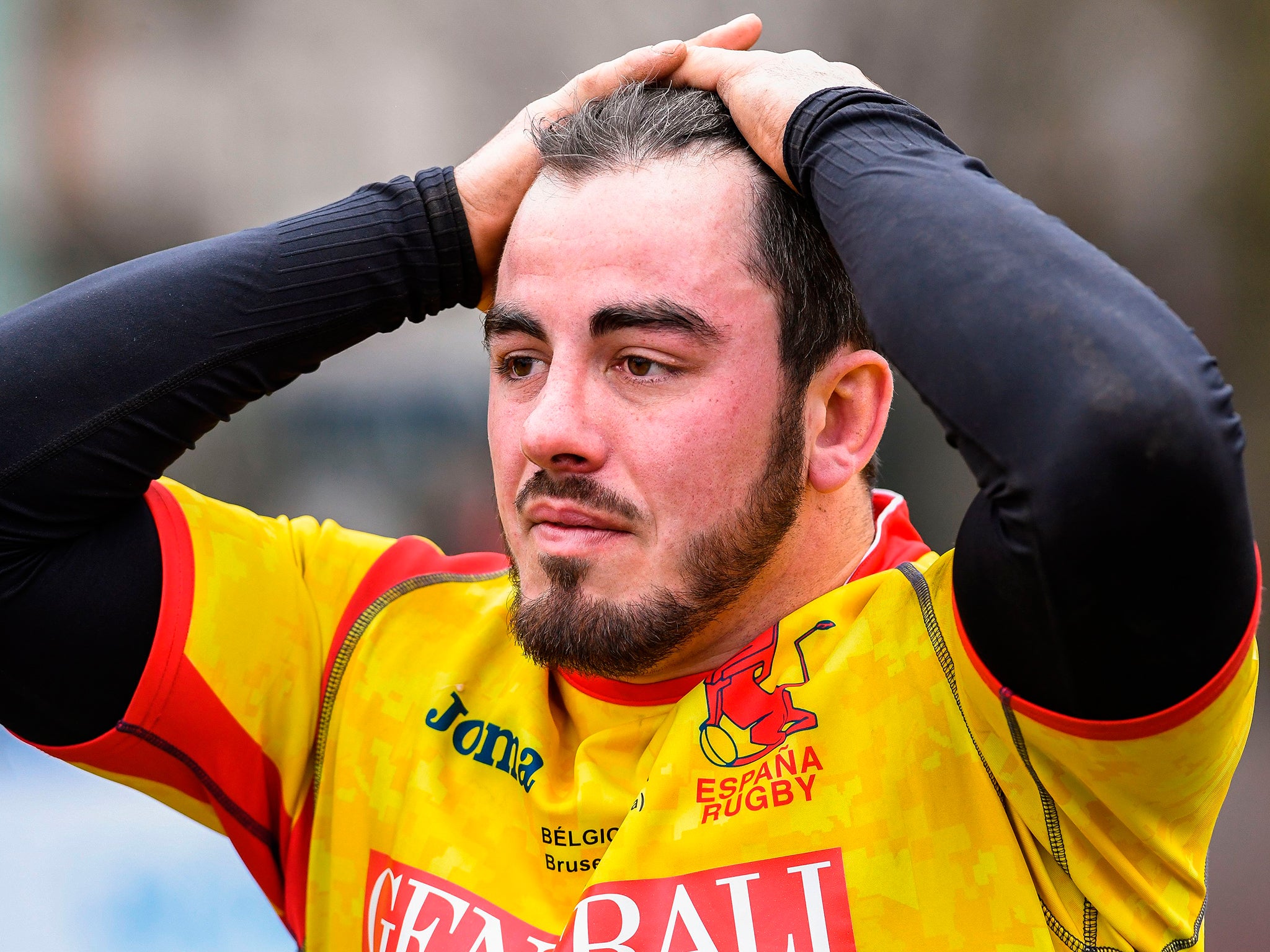 Spanish prop Alberto Blanco reacts to the 18-10 defeat by Belgium