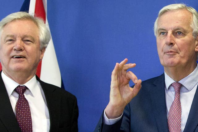 David Davis and Michel Barnier in Brussels on Monday