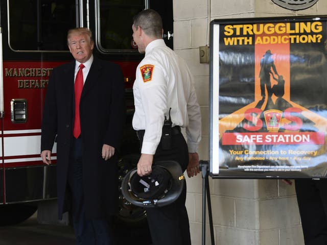 Donald Trump visited the Manchester Central Fire Station in Manchester, New Hampshire as he pledged to crack down on opioids