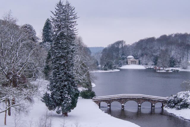 Stourhead gardens in Wiltshire blanketed in snow this week
