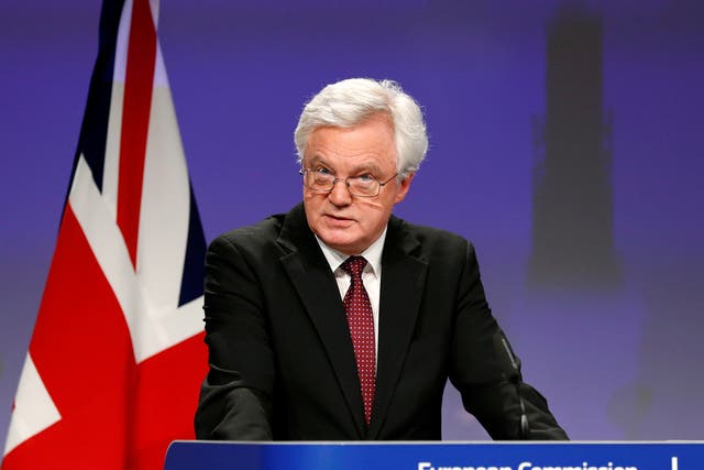 Britain's Secretary of State for Exiting the European Union David Davis addresses a joint news conference with European Union's chief Brexit negotiator Michel Barnier in Brussels.
