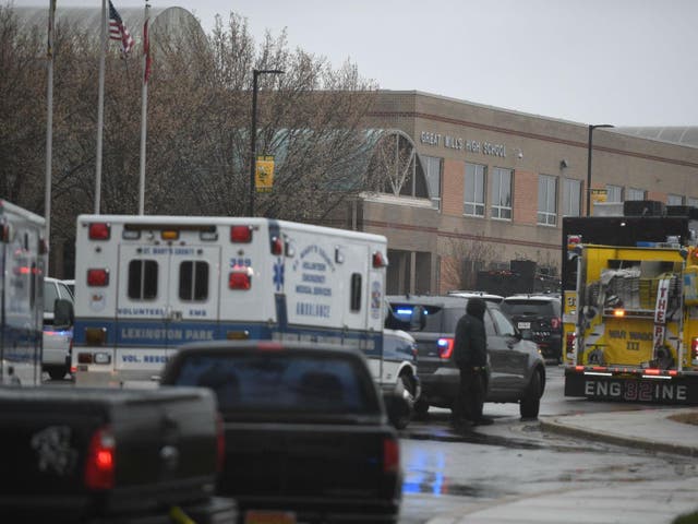 Emergency responders on the scene of the shooting at Great Mills High School in Great Mills, Maryland on 20 March 2018