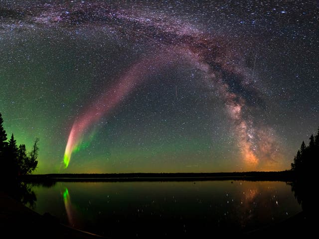 'Steve' the aurora and the Milky Way seen from Childs Lake, Manitoba, Canada